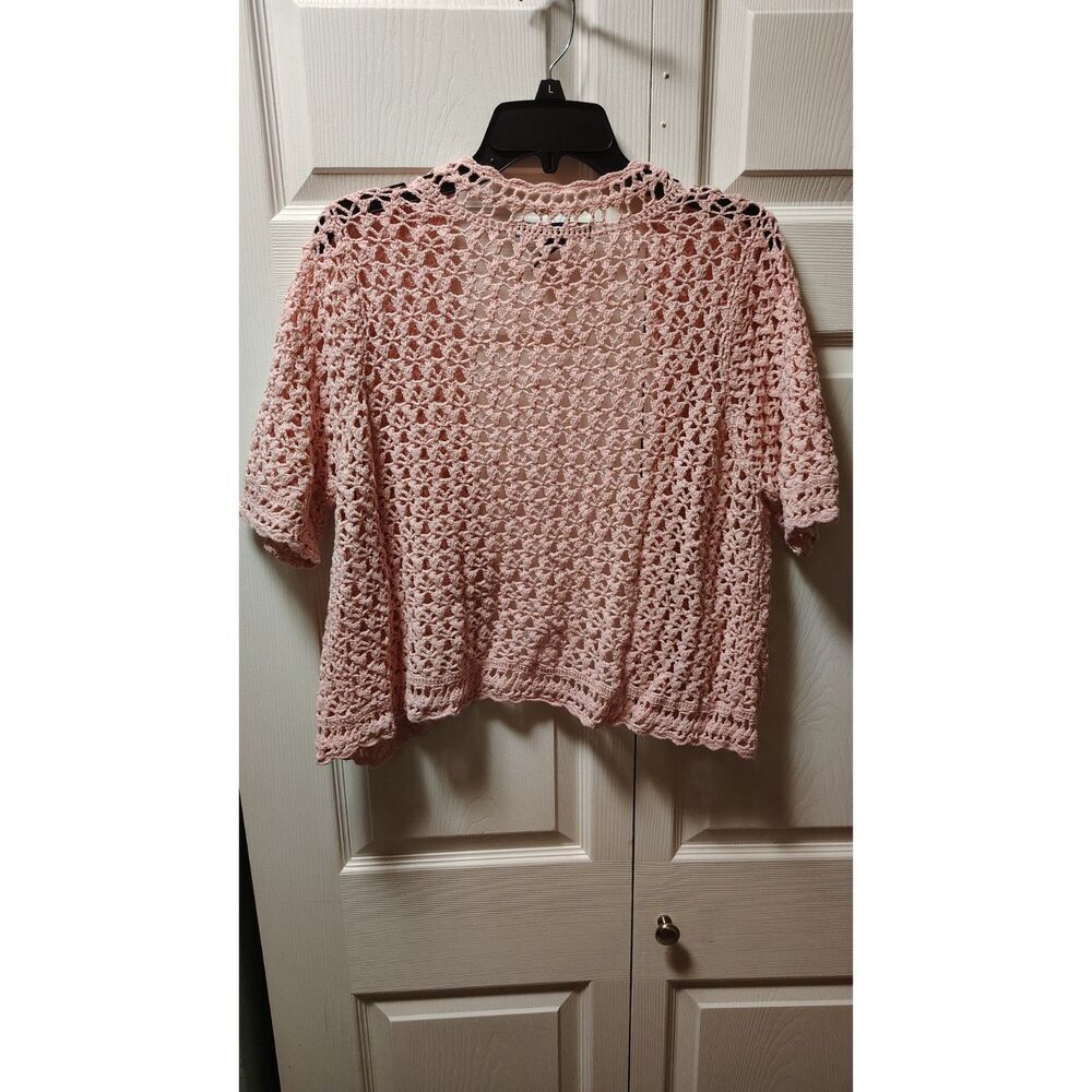 Denim 24/7 Large Pink Crochet Knit Short Sleeve Cardigan - Picture 2 of 5